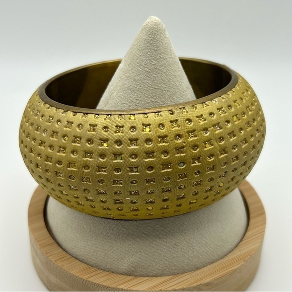 Vintage Brass Yellow Puffy Fabric Bangle with Gold Square and Circle Accents - Picture 1 of 5